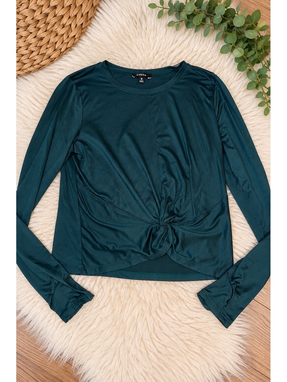 Zobha Women's Long Sleeve Twist Front Top in Dark Green, Size M